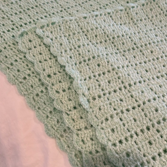 Sage Mint Green Baby Blanket Hand Crochet Edge Detail Shimmer 31x37 - Picture 5 of 6